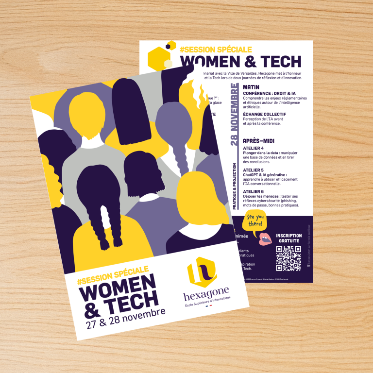 Flyer coloré pour un événement sur les femmes et la technologie, avec un programme au verso.